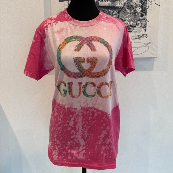 Fruit of the Loom Tops - Fashion Print Gucci Pink and White Tie-Dye T-Shirt